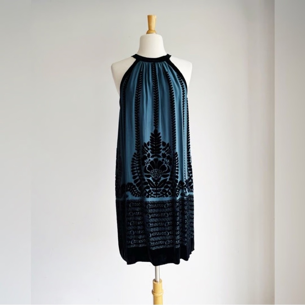 MSSP Teal & Black Silky Velvet Knee Length Dress